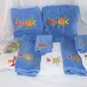 Tropical Fish Bath Set Shower Curtain Hook Bath Hand Towels Wash Cloths